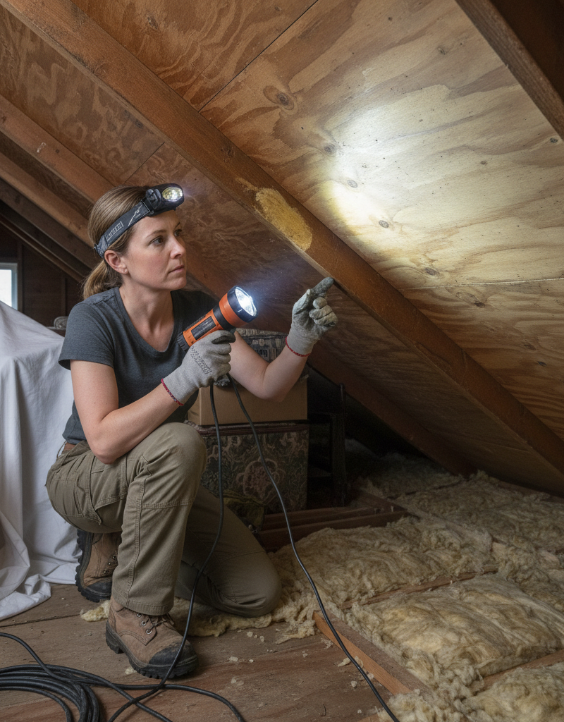 Homeowner in attic with flashlight checking for subtle roof leak signs on roof decking.