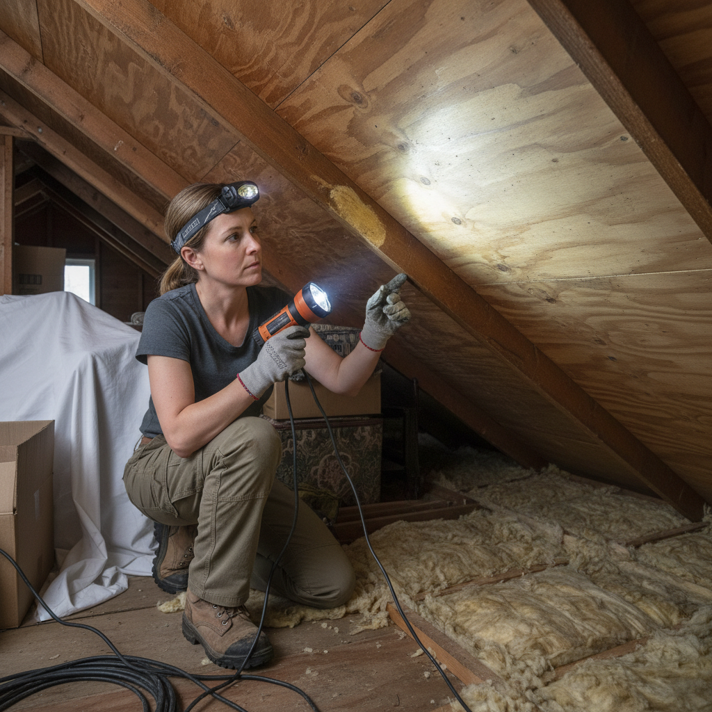 Homeowner in attic with flashlight checking for subtle roof leak signs on roof decking.