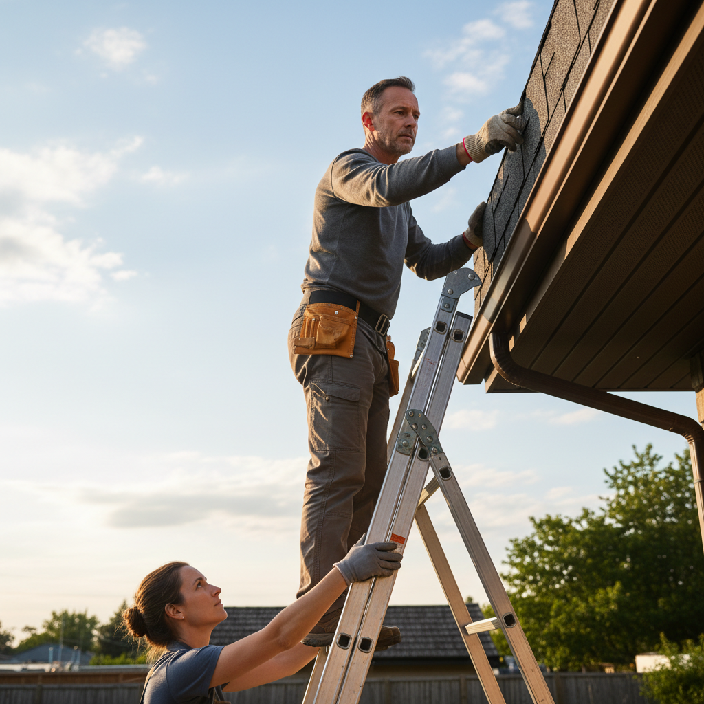 Homeowner safely inspecting asphalt shingles and gutters for early signs of a roof leak.