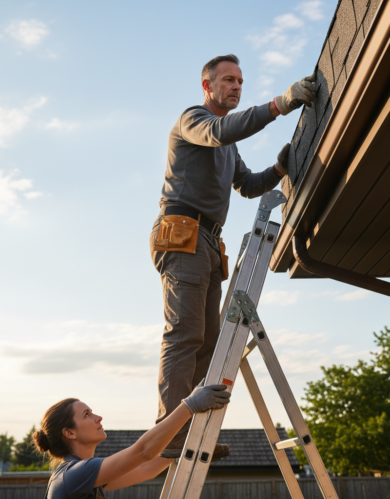 Homeowner safely inspecting asphalt shingles and gutters for early signs of a roof leak.