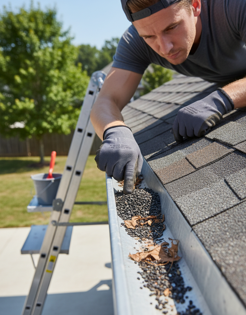 Homeowner inspecting roof gutters for signs of a hidden leak, checking for shingle granules and debris.