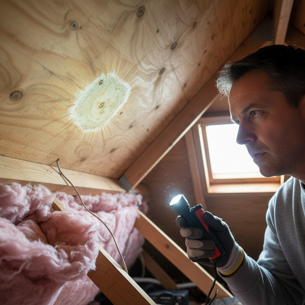 Homeowner inspecting attic roof deck for subtle moisture stains with a flashlight.