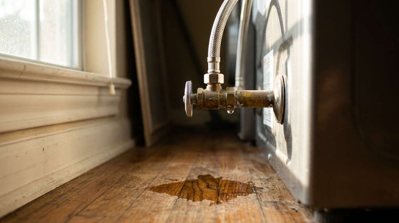 Braided stainless steel washing machine hose with slow water droplets leaking onto subfloor