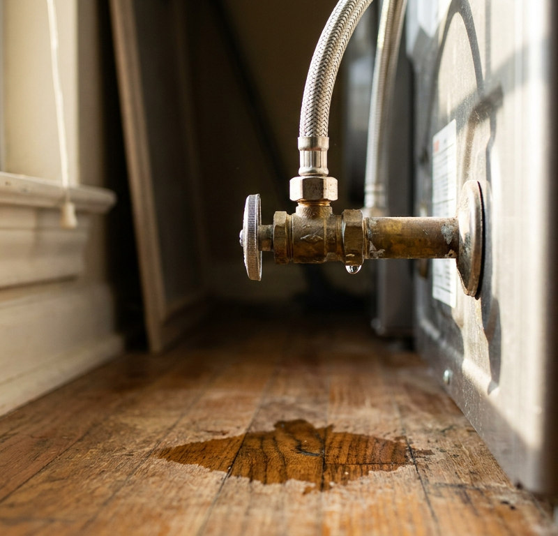 Braided stainless steel washing machine hose with slow water droplets leaking onto subfloor