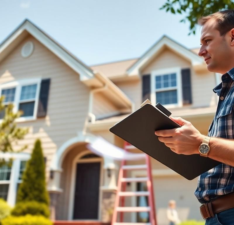 Professional home inspector with clipboard and flashlight examining the exterior of a suburban two-story house during a buyer home inspection
