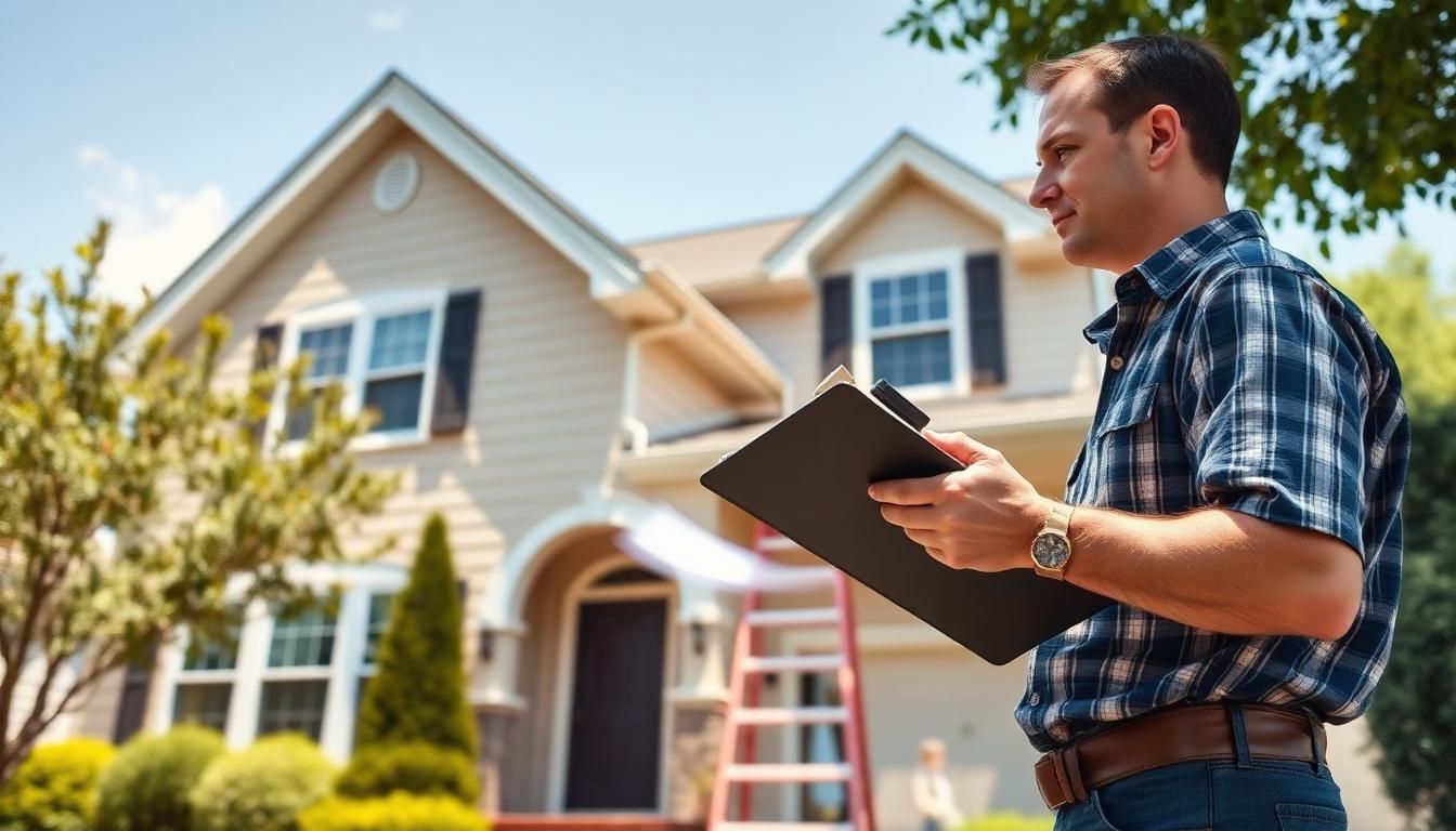 Professional home inspector with clipboard and flashlight examining the exterior of a suburban two-story house during a buyer home inspection