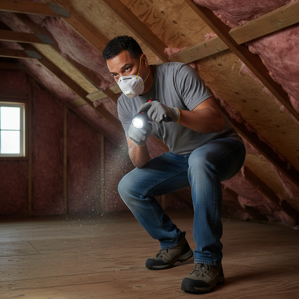 Homeowner uses a flashlight to meticulously inspect an attic during an annual home inspection.