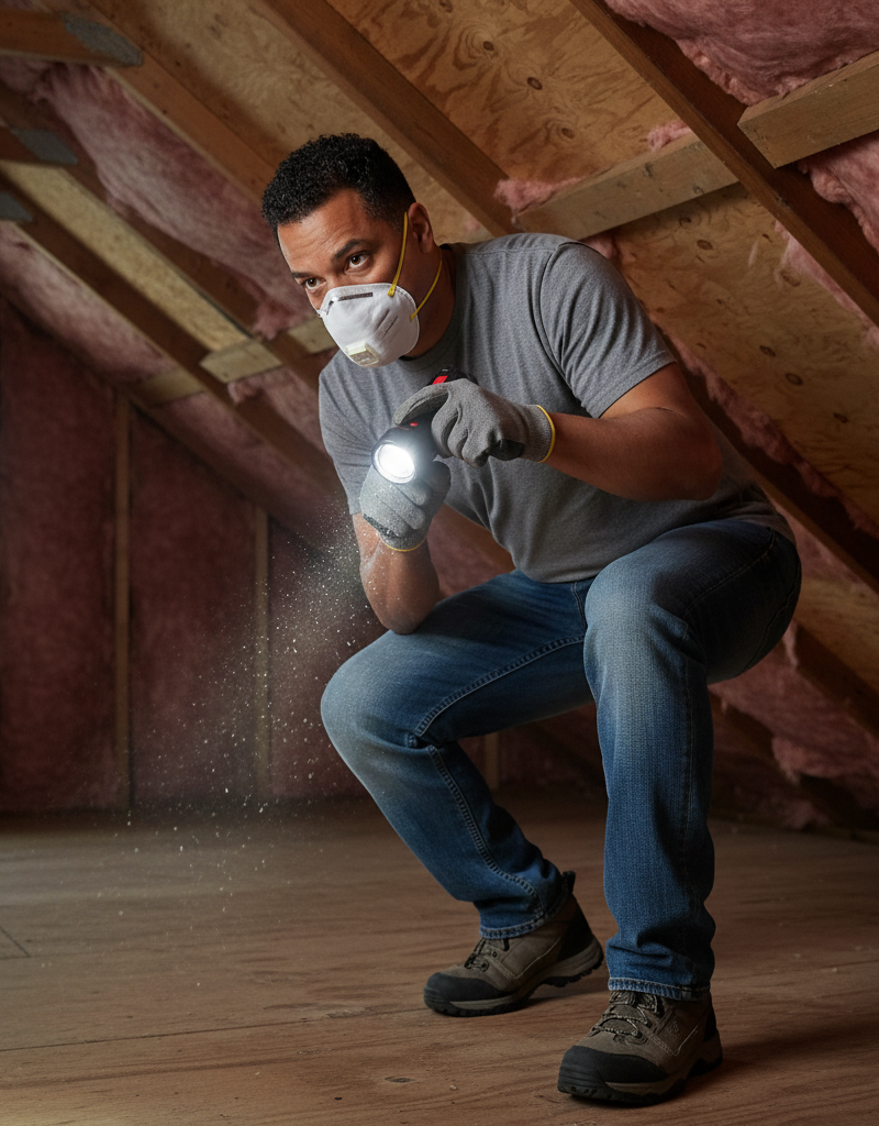 Homeowner uses a flashlight to meticulously inspect an attic during an annual home inspection.