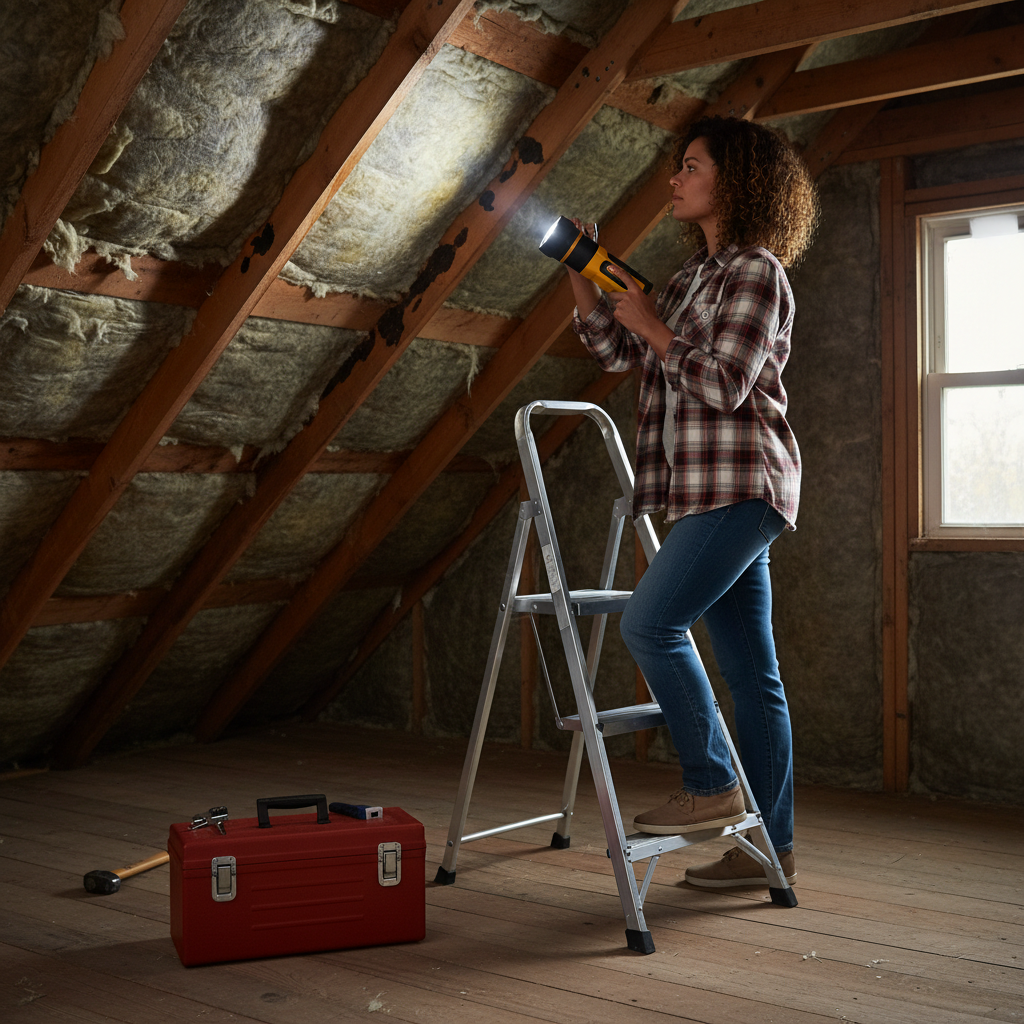 A homeowner inspecting an attic with a flashlight, checking for roof leaks and insulation issues.