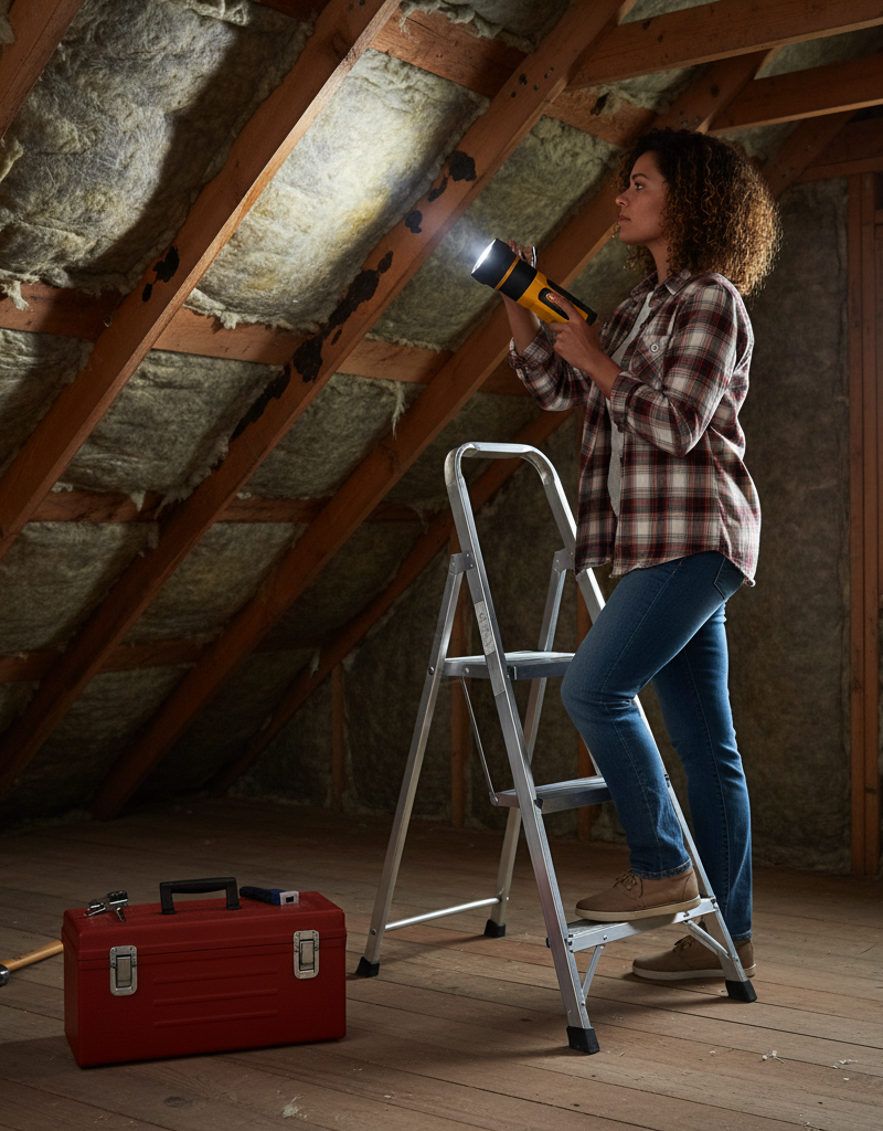 A homeowner inspecting an attic with a flashlight, checking for roof leaks and insulation issues.