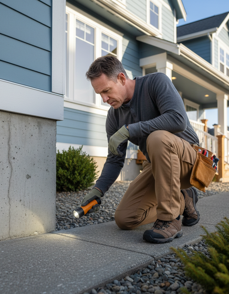 Homeowner inspecting house foundation with flashlight for cracks and damage