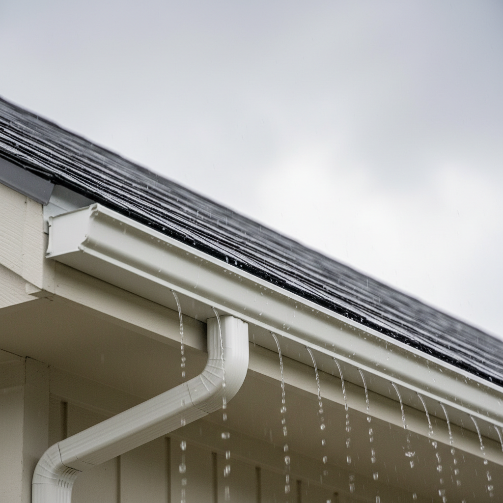 Close-up of a residential roof showing a metal drip edge directing rain into a gutter, preventing water damage.