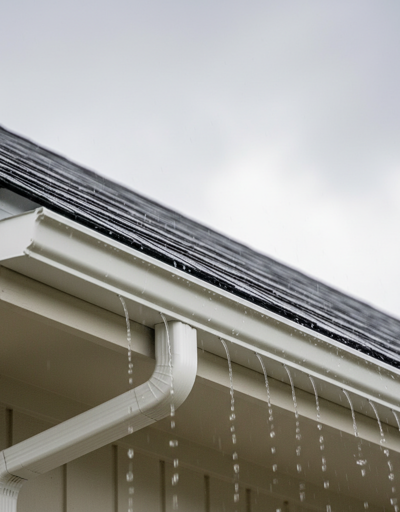 Close-up of a residential roof showing a metal drip edge directing rain into a gutter, preventing water damage.