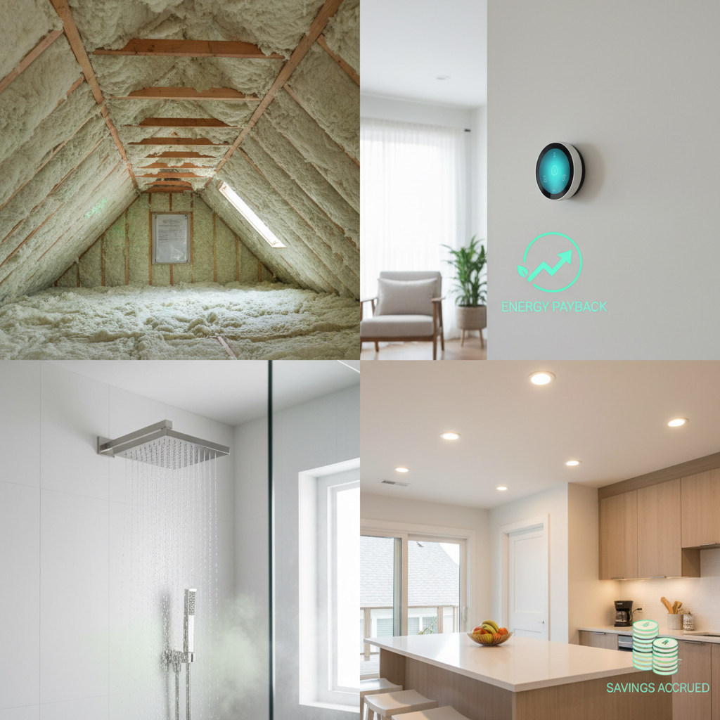 Modern home interior featuring energy-efficient upgrades like smart thermostat, LED lights, low-flow shower, and attic insulation.