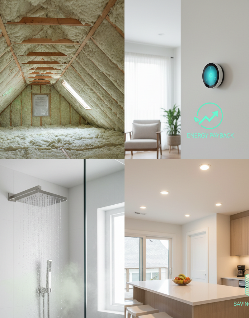 Modern home interior featuring energy-efficient upgrades like smart thermostat, LED lights, low-flow shower, and attic insulation.