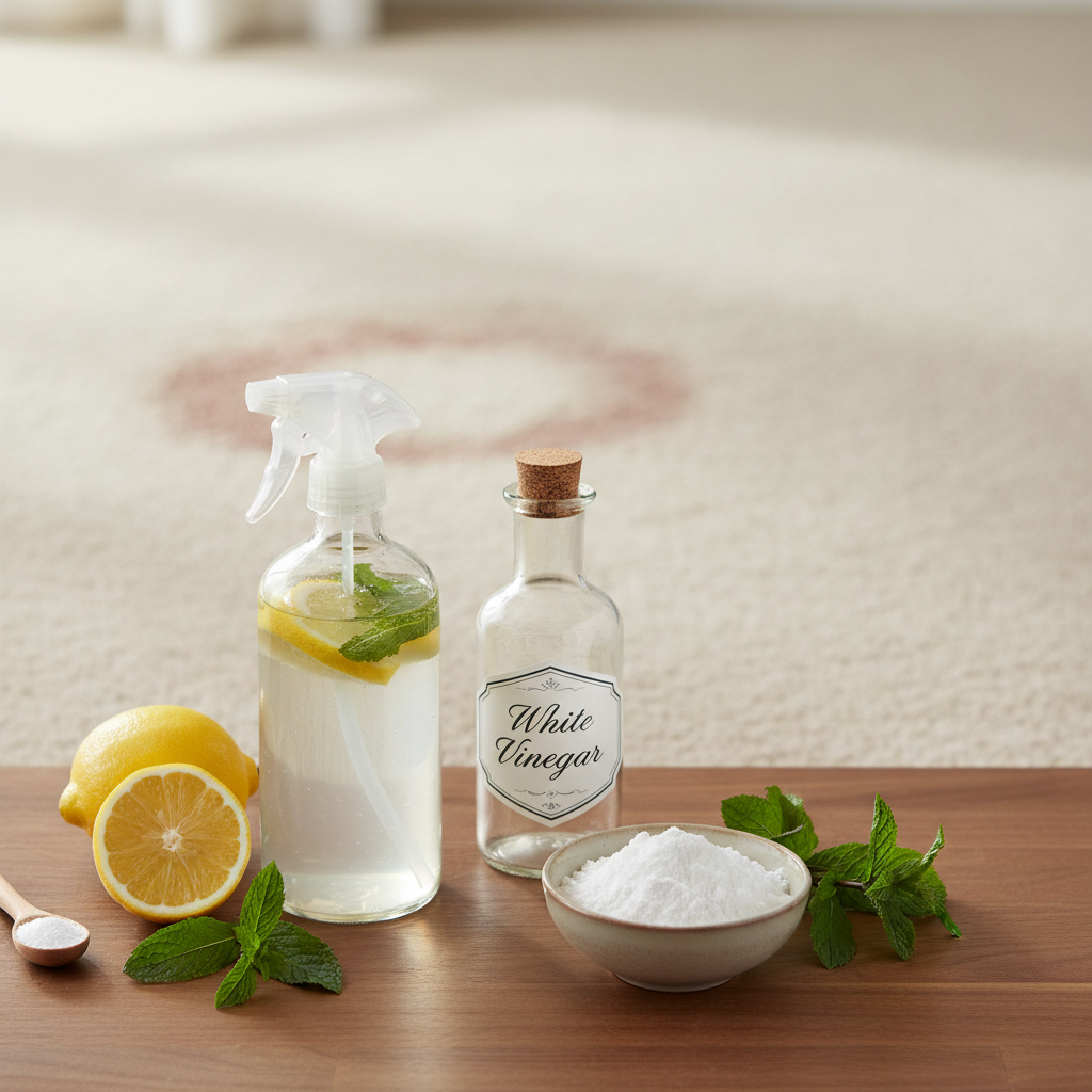 Homemade carpet cleaner ingredients: spray bottle, baking soda, white vinegar on a clean counter with carpet.