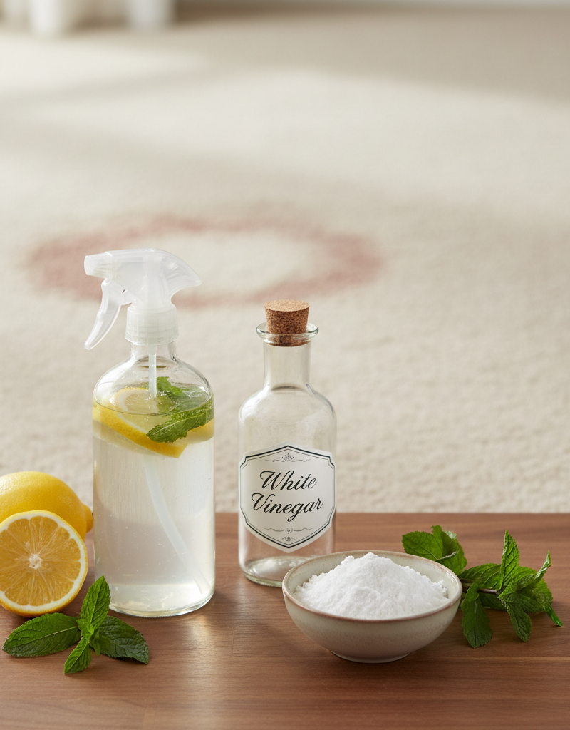Homemade carpet cleaner ingredients: spray bottle, baking soda, white vinegar on a clean counter with carpet.