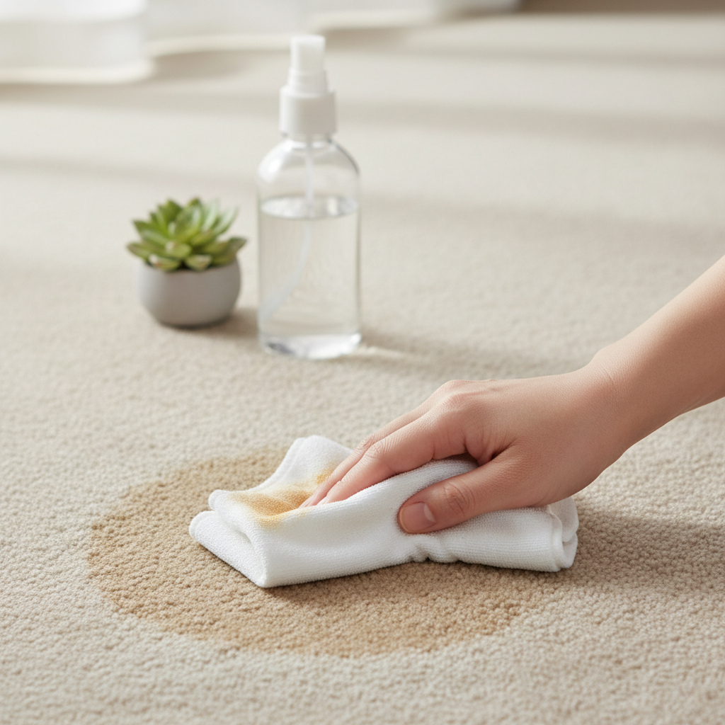Hand blotting a carpet stain with a homemade cleaning solution and white cloth.