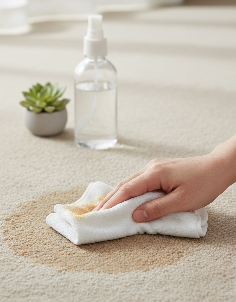 Hand blotting a carpet stain with a homemade cleaning solution and white cloth.