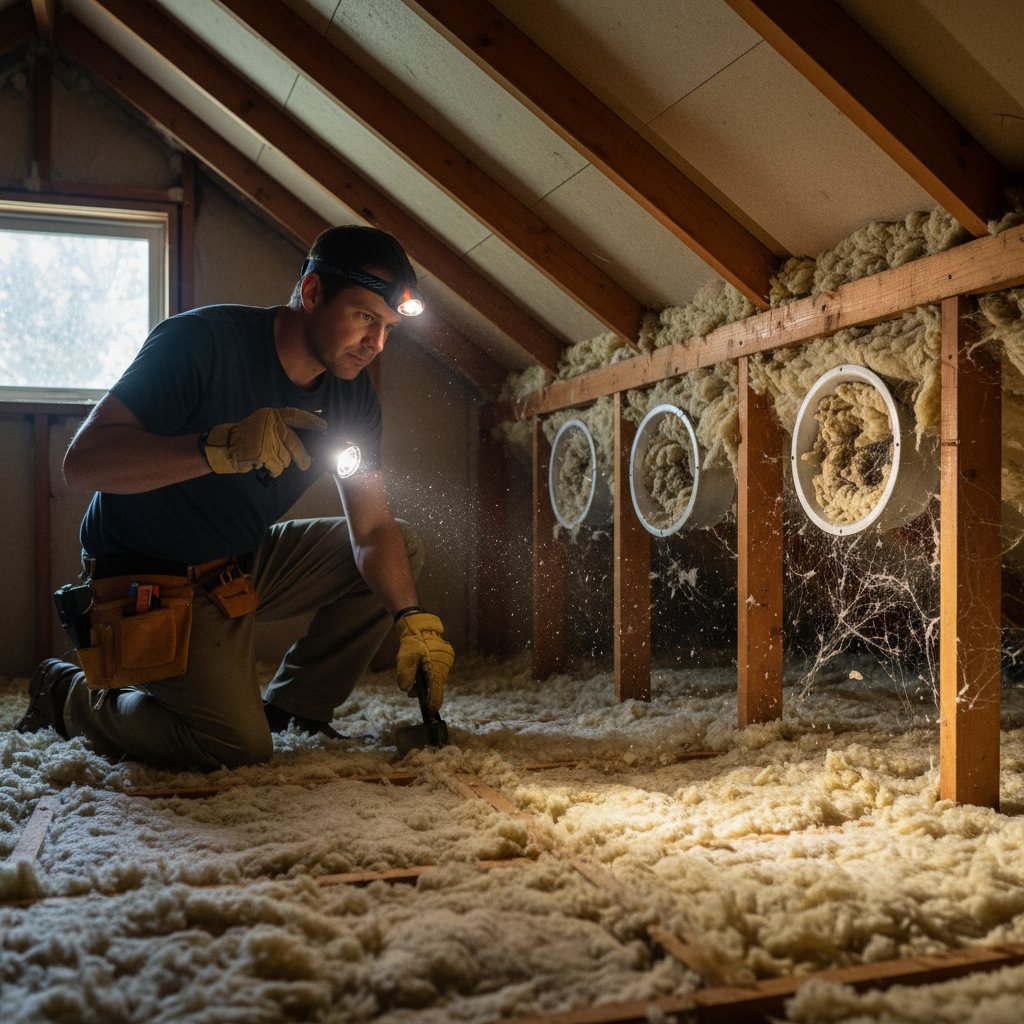 Homeowner inspecting attic insulation and vents with a flashlight.
