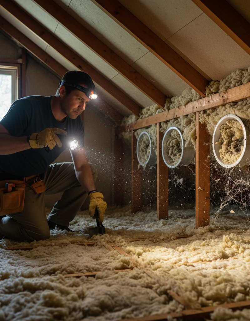 Homeowner inspecting attic insulation and vents with a flashlight.
