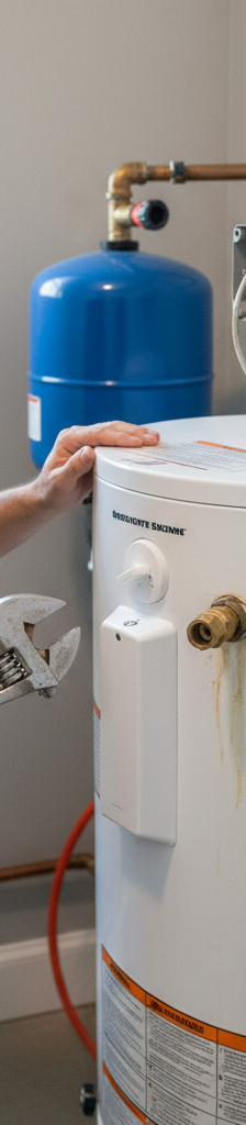 Homeowner checking water heater connections with a wrench, troubleshooting short hot water supply.