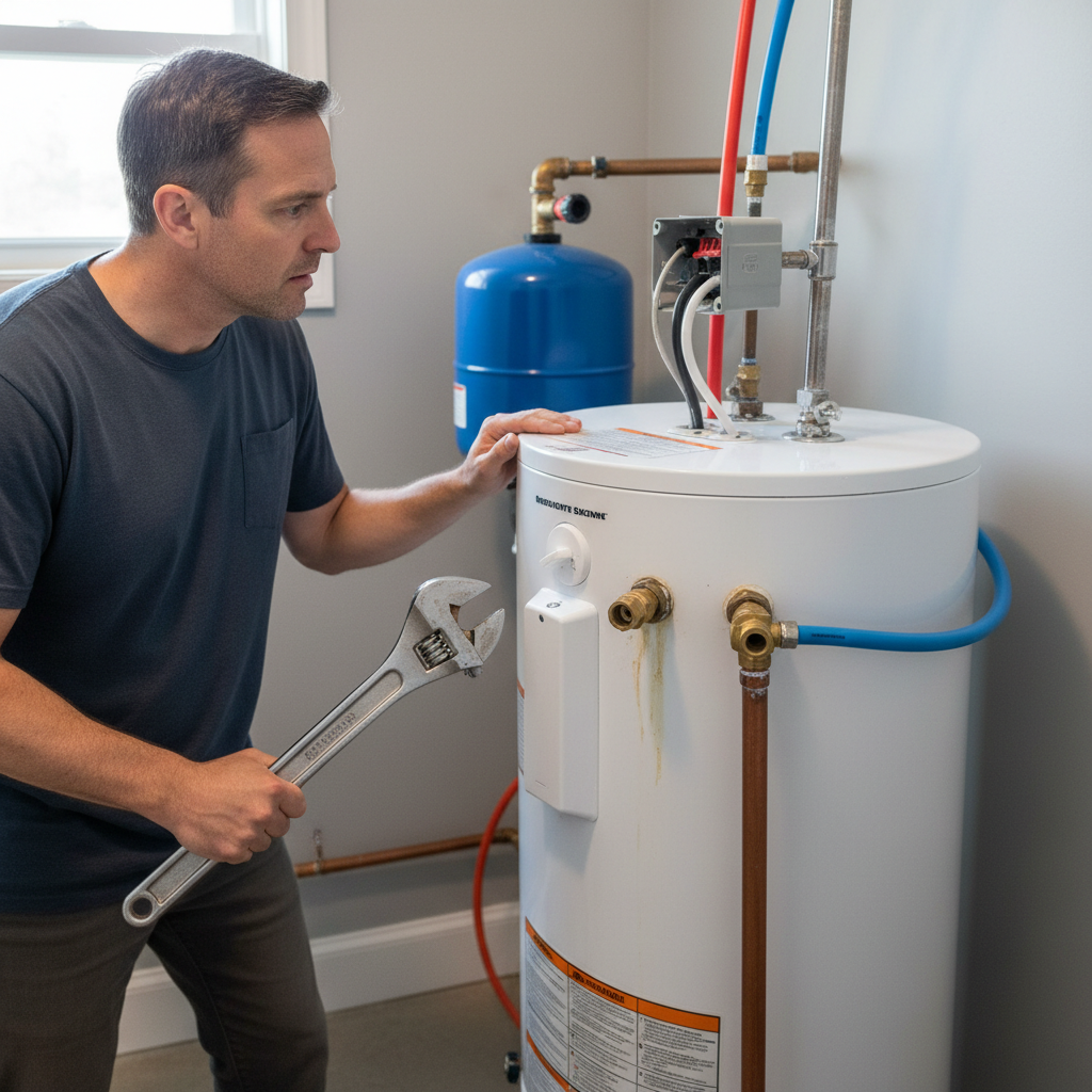 Homeowner checking water heater connections with a wrench, troubleshooting short hot water supply.