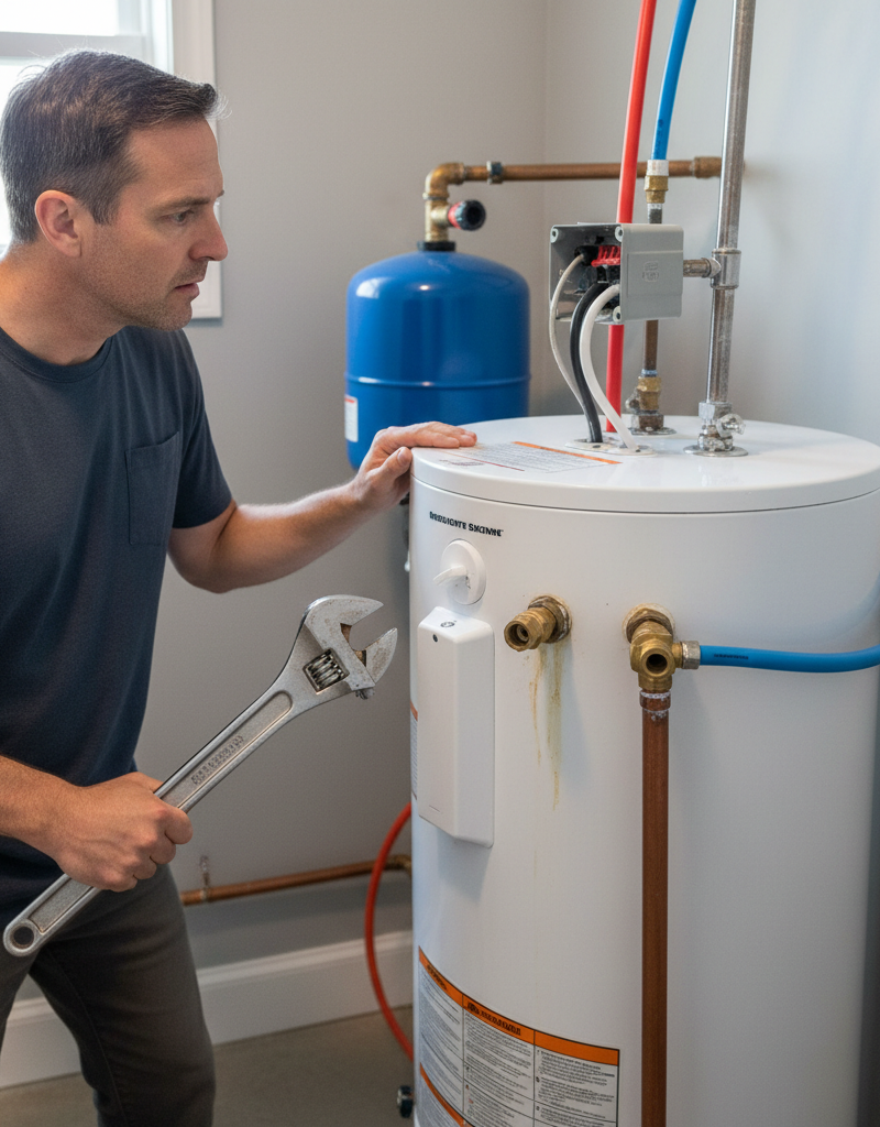 Homeowner checking water heater connections with a wrench, troubleshooting short hot water supply.
