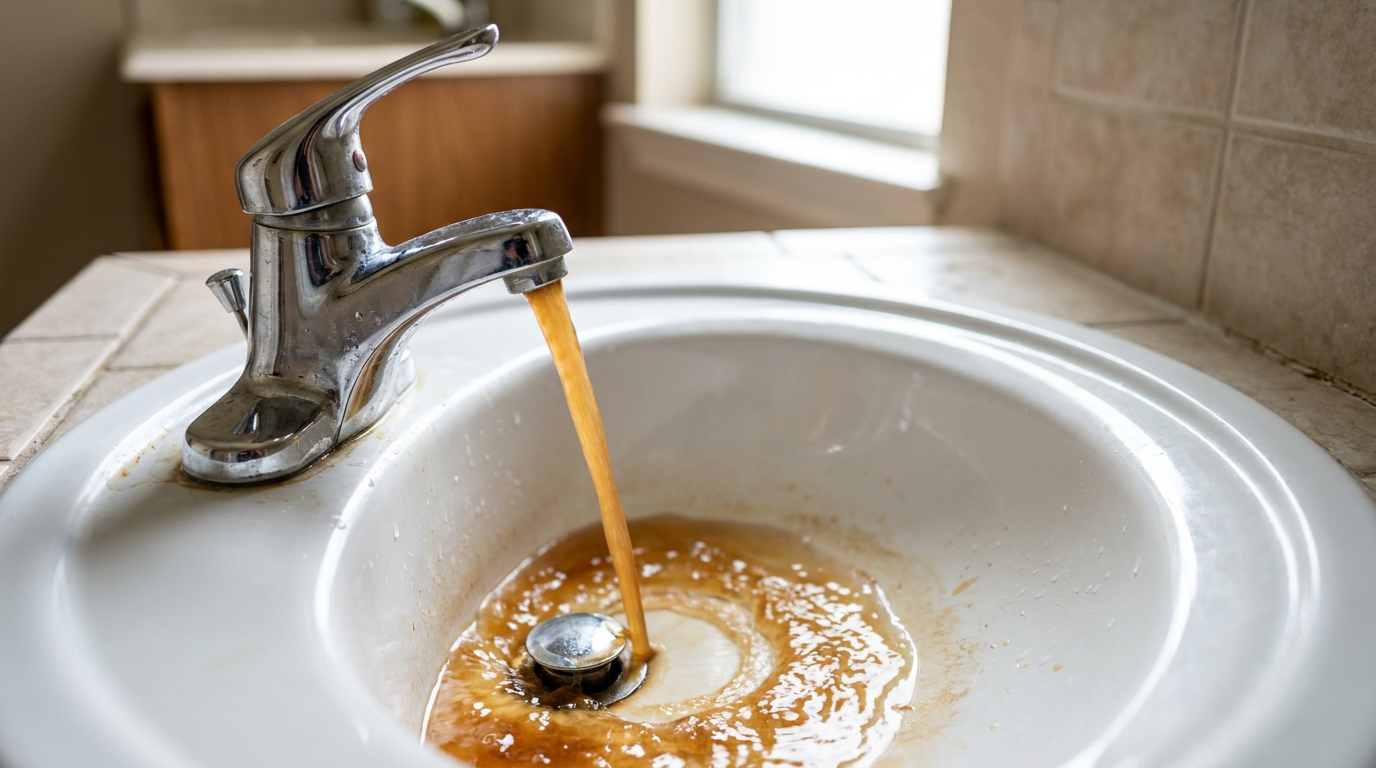 Brown rusty water pouring from a bathroom sink faucet into a clean white ceramic basin.