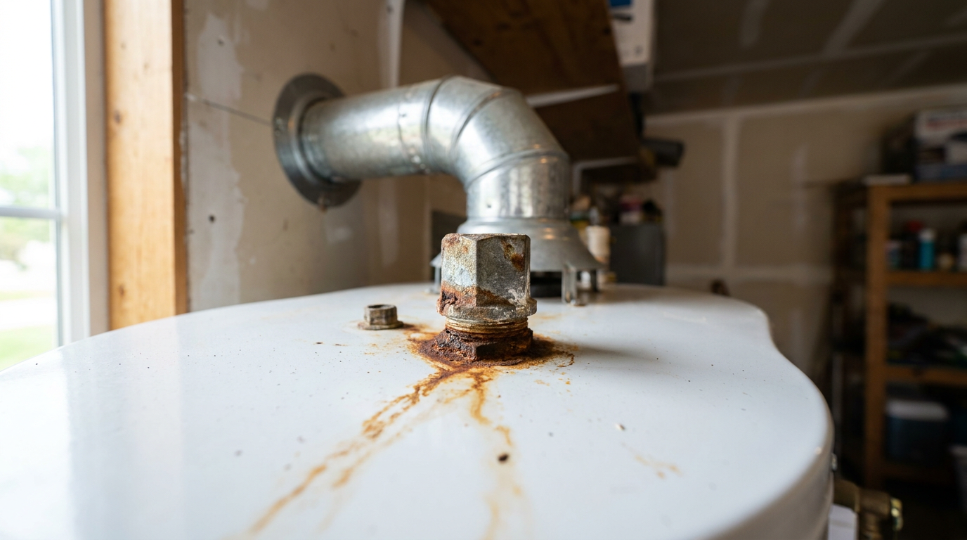 The top of a water heater showing a corroded anode rod connection, which can cause a rotten egg smell in hot water.