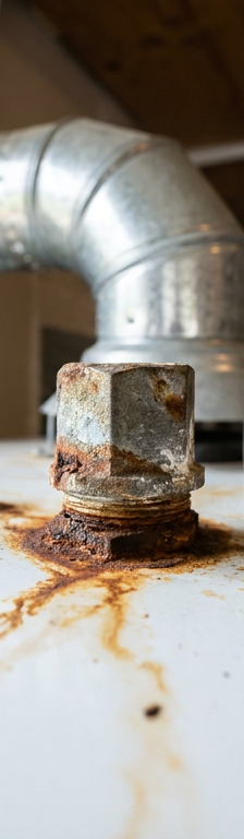 The top of a water heater showing a corroded anode rod connection, which can cause a rotten egg smell in hot water.