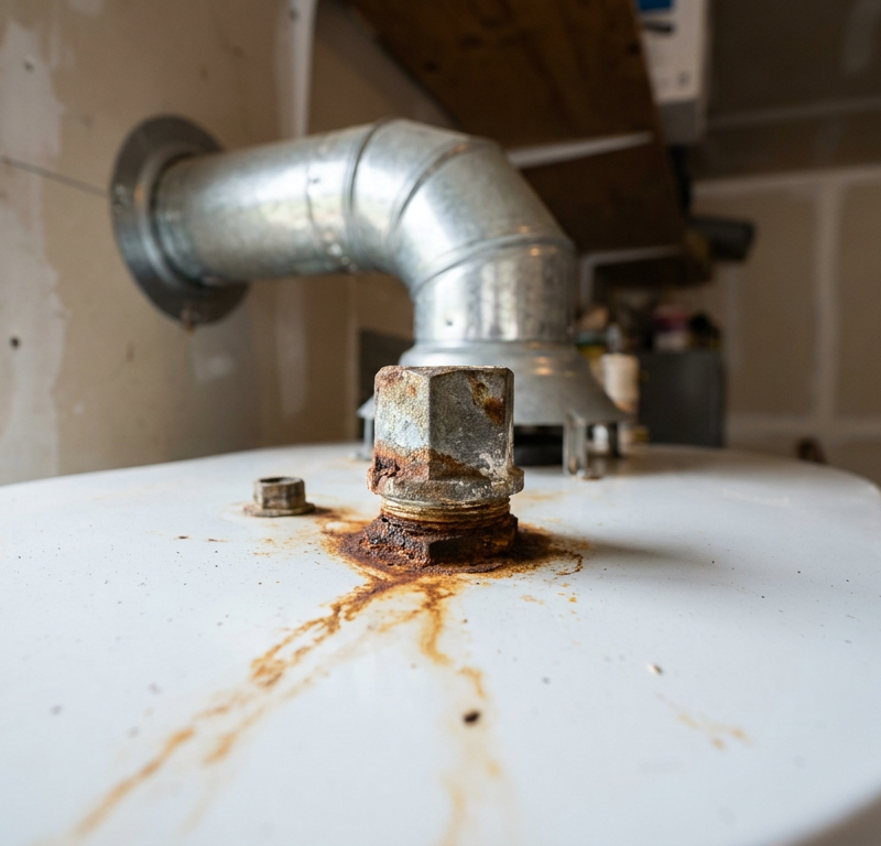 The top of a water heater showing a corroded anode rod connection, which can cause a rotten egg smell in hot water.