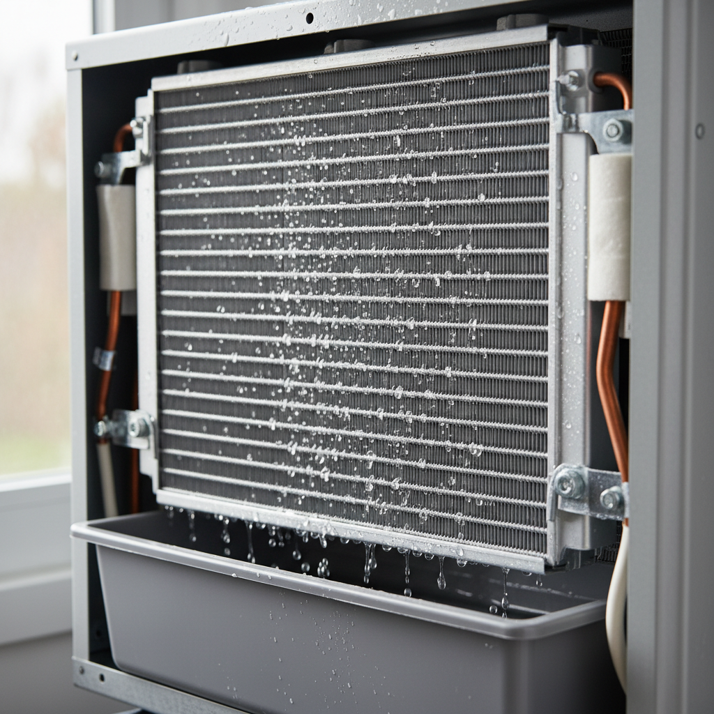 AC evaporator coil dripping condensation into a drain pan, showing the dehumidification process.