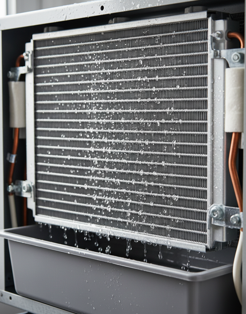 AC evaporator coil dripping condensation into a drain pan, showing the dehumidification process.