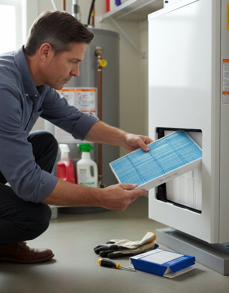 Homeowner inspecting a clean air filter in an HVAC air handler to improve home dehumidification.