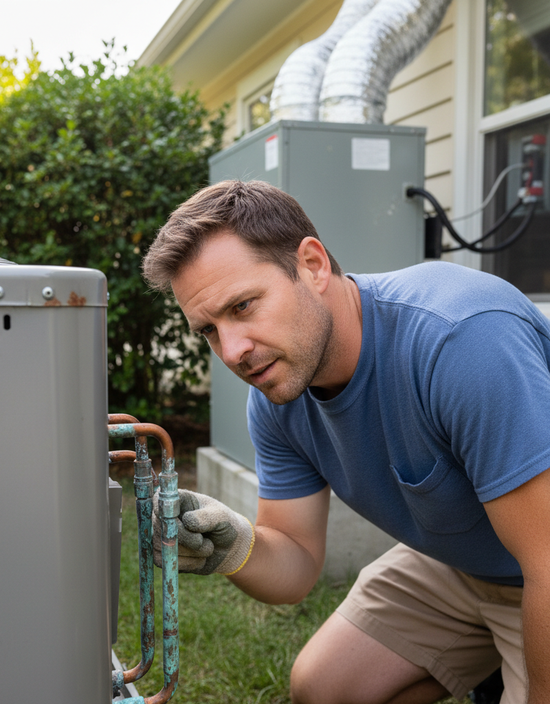 Homeowner troubleshooting an outdoor AC unit that isn't removing humidity, with clear copper lines and basic tools.