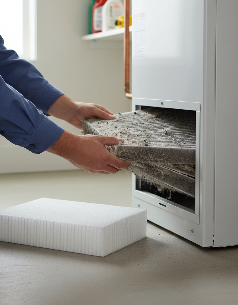 Homeowner replacing a dirty HVAC air filter, highlighting the importance of maintenance for AC efficiency.