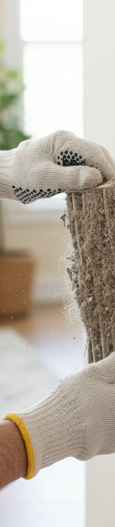 Homeowner checking a dirty air filter in a return air vent
