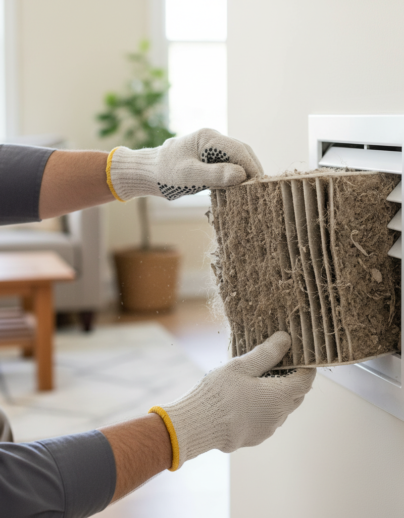 Homeowner checking a dirty air filter in a return air vent