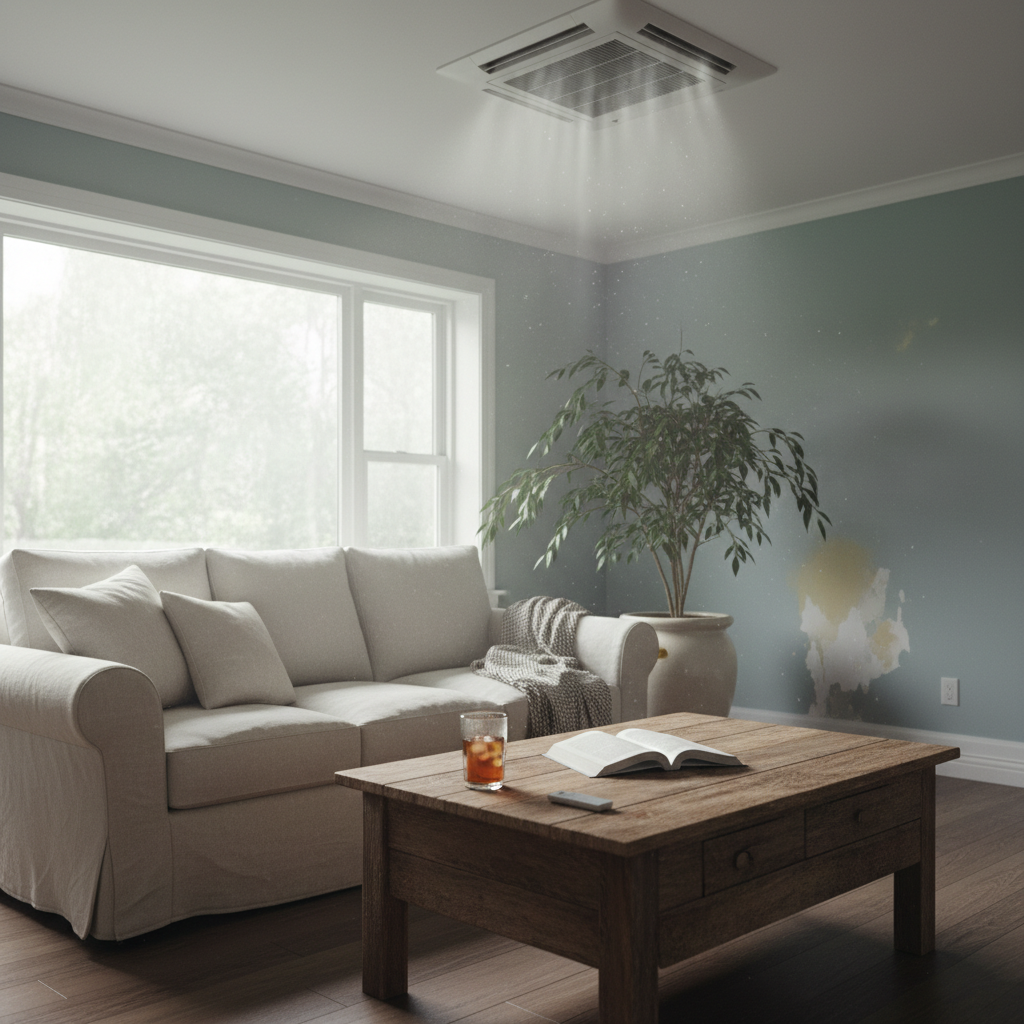 Living room with subtle visual cues of high humidity despite an AC vent cooling the air.
