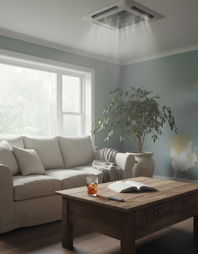 Living room with subtle visual cues of high humidity despite an AC vent cooling the air.