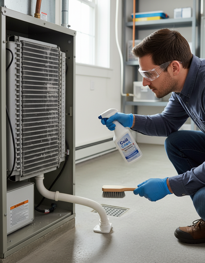 Homeowner inspecting and cleaning a dusty indoor air conditioner evaporator coil with a brush.