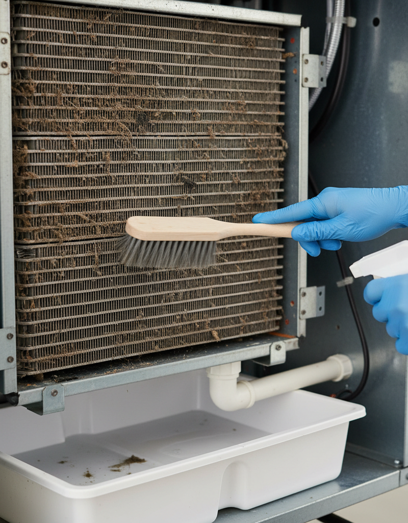 Homeowner cleaning a dirty evaporator coil inside an air conditioner unit to reduce indoor humidity.