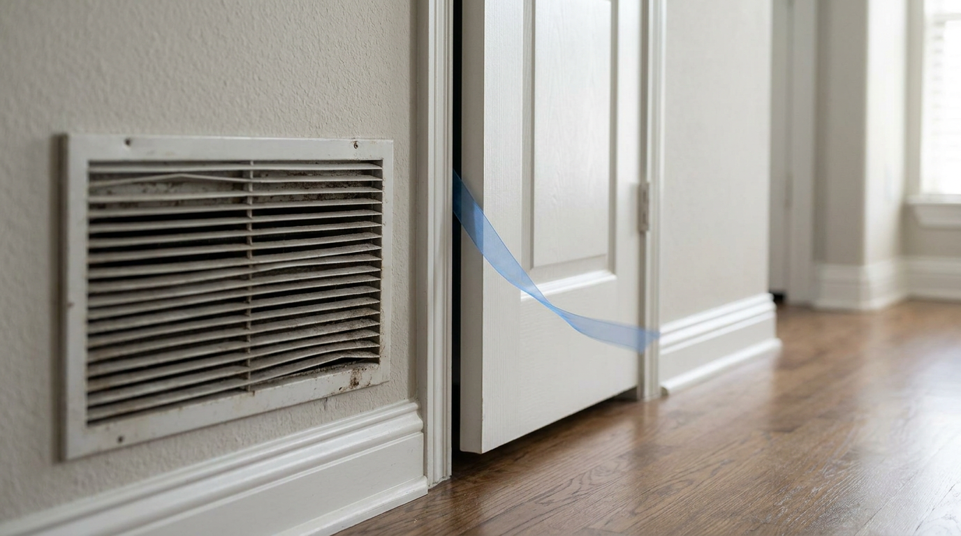 HVAC technician using a digital manometer to measure air pressure near an interior door frame