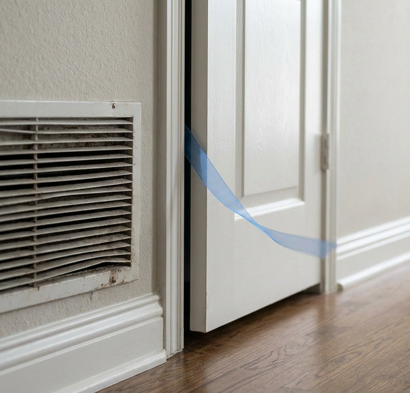 HVAC technician using a digital manometer to measure air pressure near an interior door frame