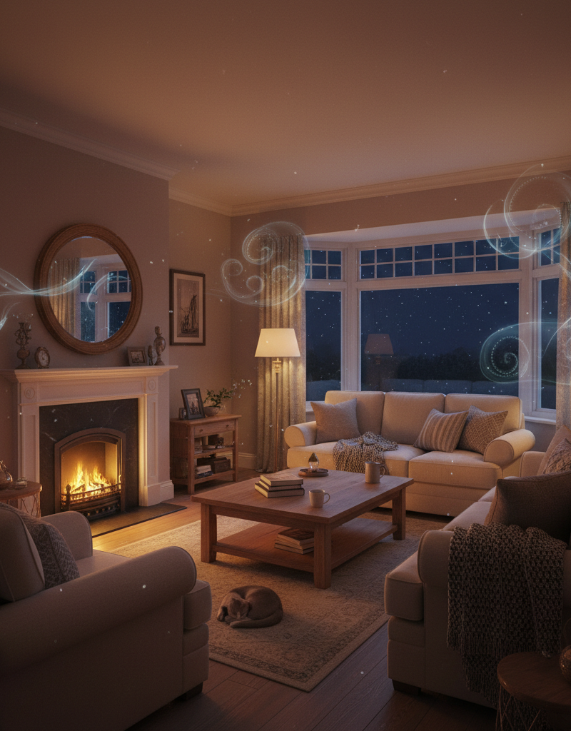 A cozy living room at night with subtle sound waves representing the normal ticking and popping noises of a house.