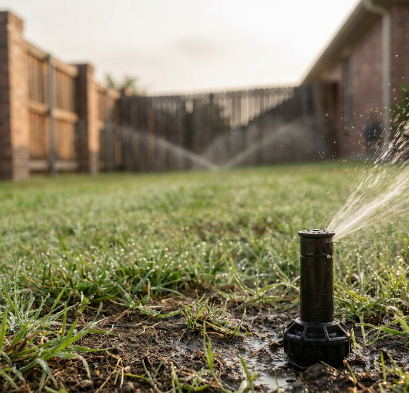 Sprinkler head spraying water over residential grass lawn in early morning light