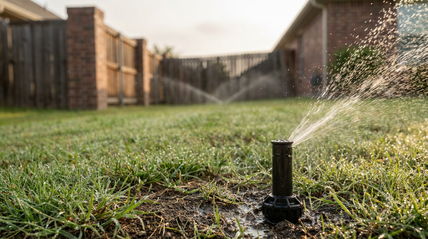 Sprinkler head spraying water over residential grass lawn in early morning light