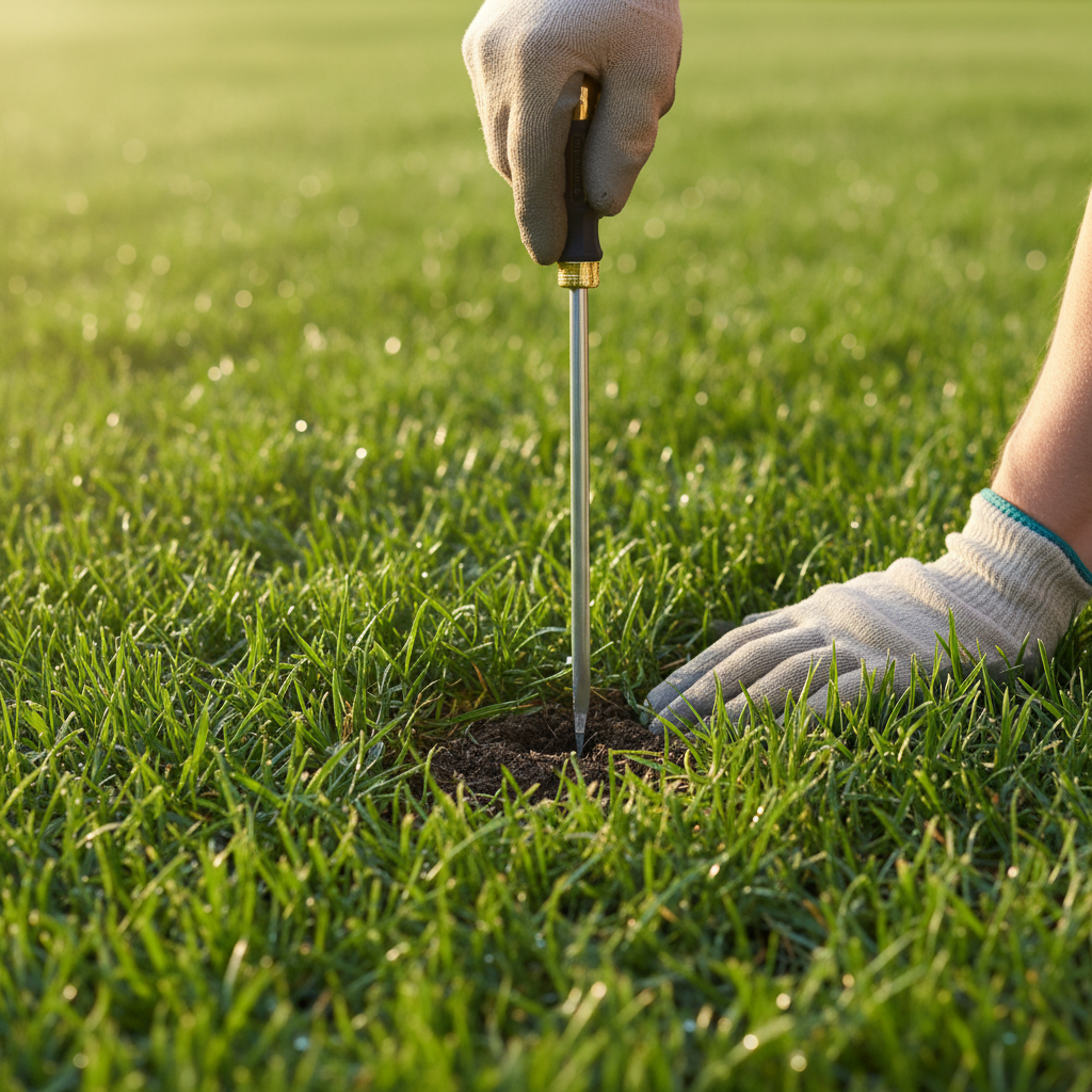 Homeowner checks lawn soil moisture with a screwdriver after watering.