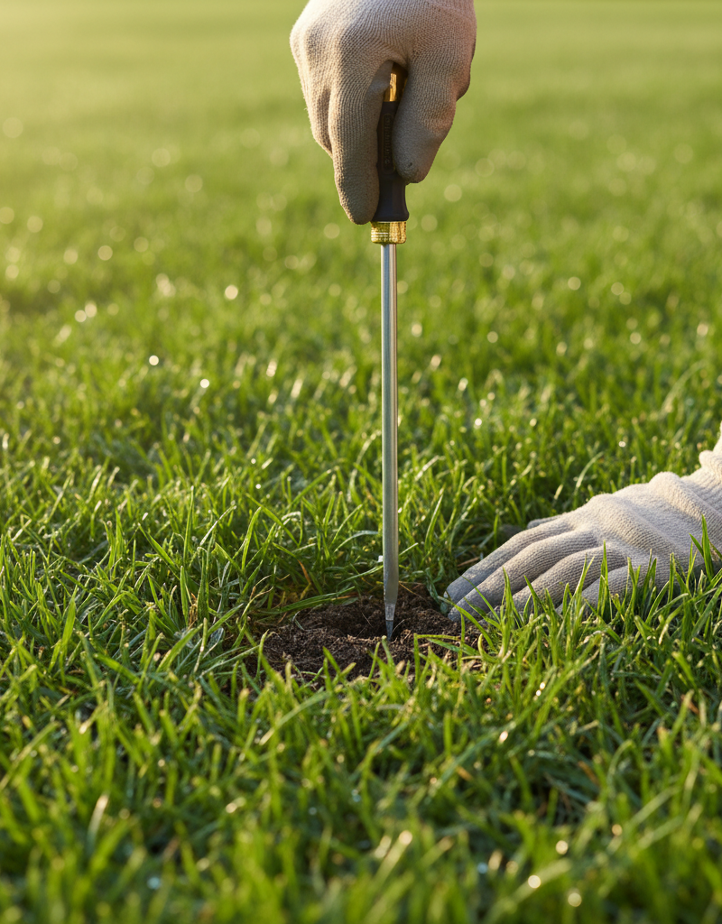 Homeowner checks lawn soil moisture with a screwdriver after watering.